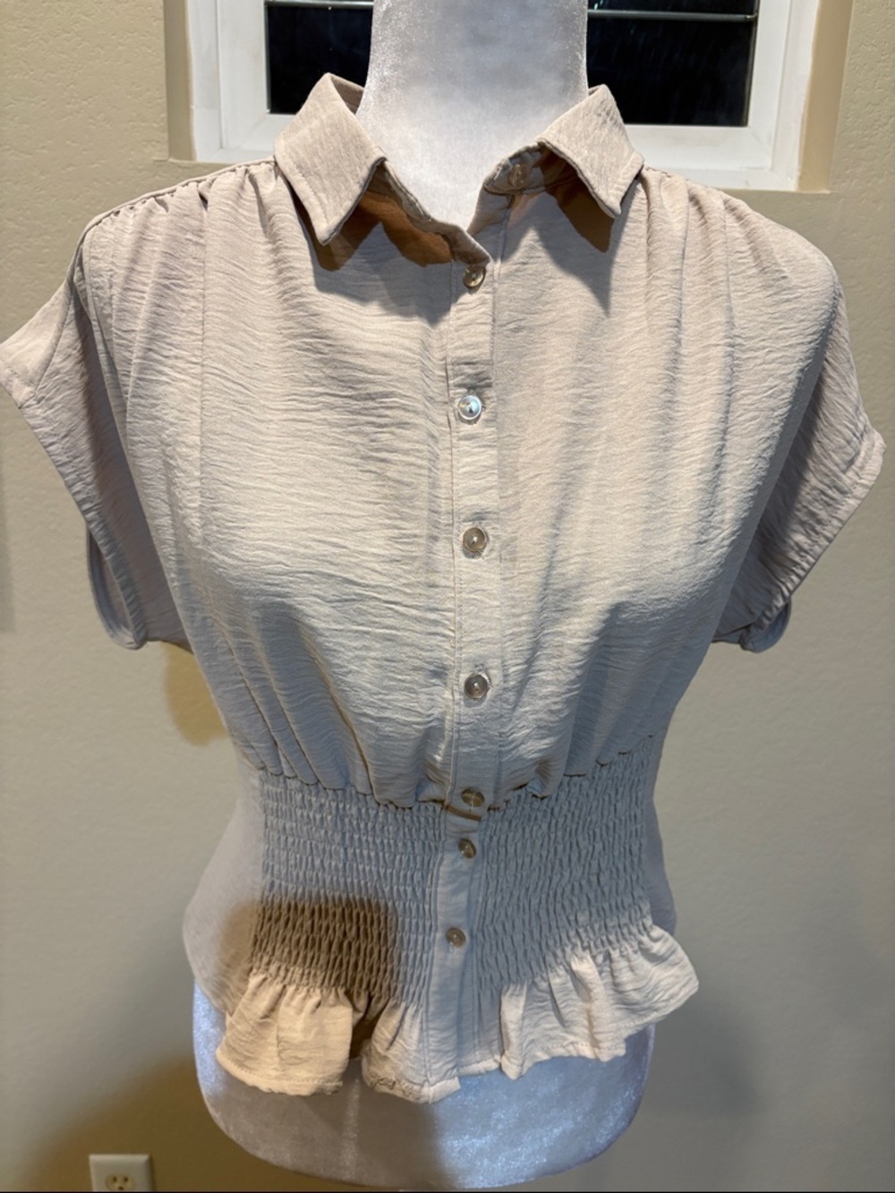 Smocked Waist Button-Down Shirt in Beige-Size L